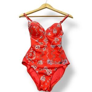 Sunseeker Floral Print Orange Wired One Piece Swimsuit Women's 6 Cup B/C